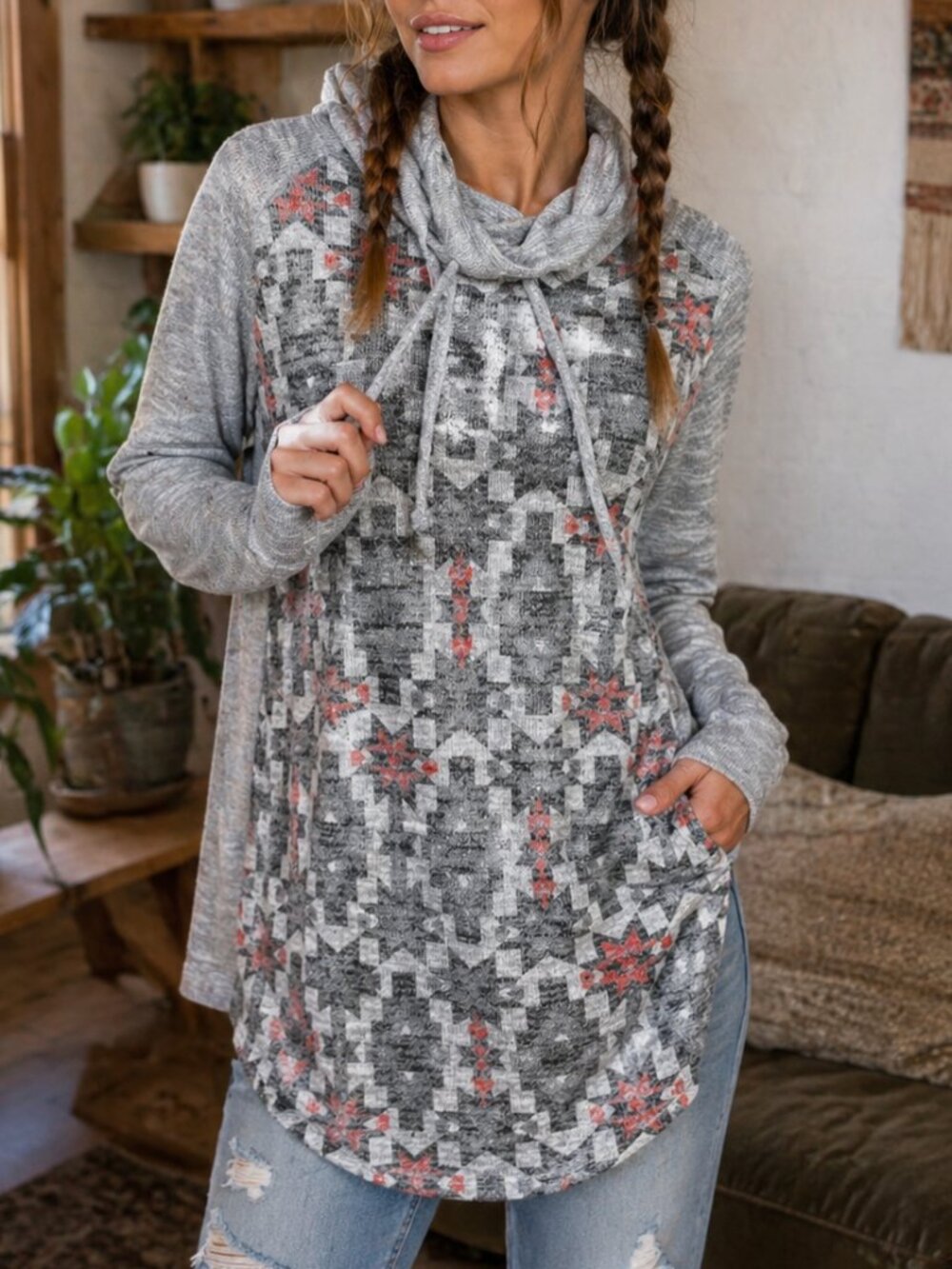 Tribal Print Knit Hoodie